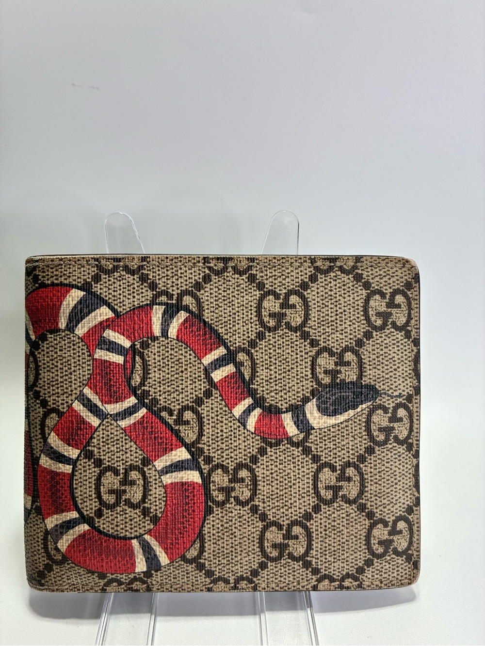 Gucci Brown GG Supreme Canvas Wallet with Red and White Snake Motif